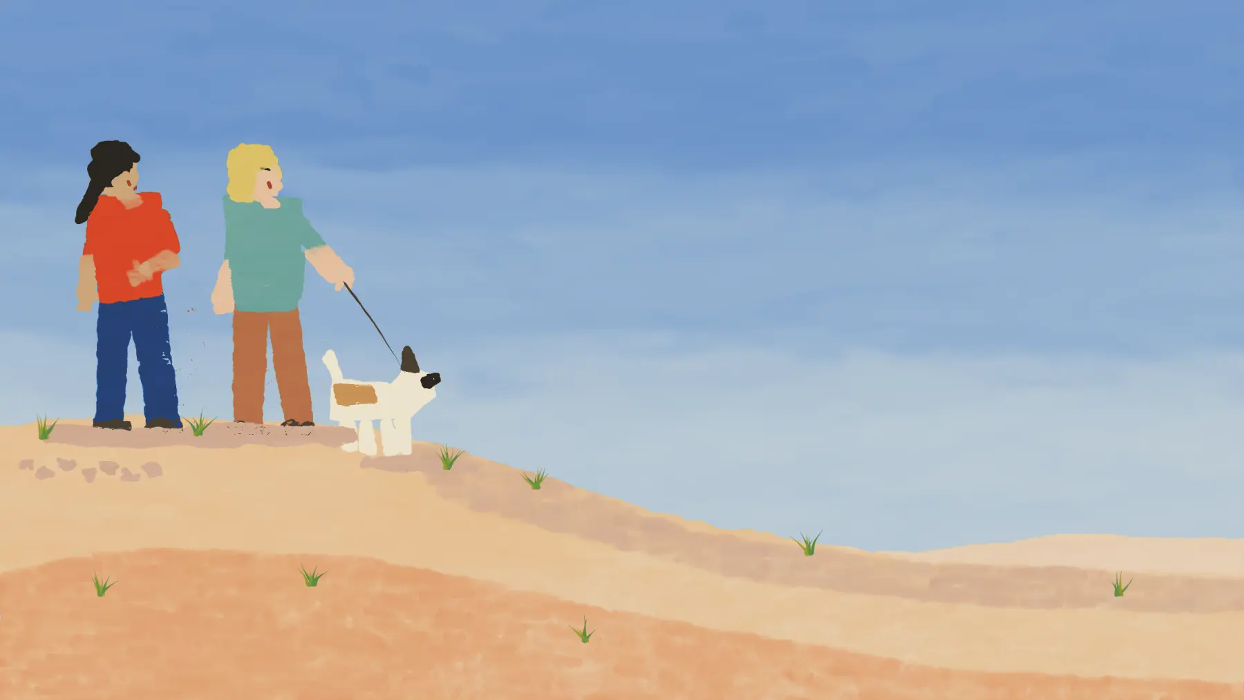 Two women friends laughing on a sand dune, walking a small terrier.