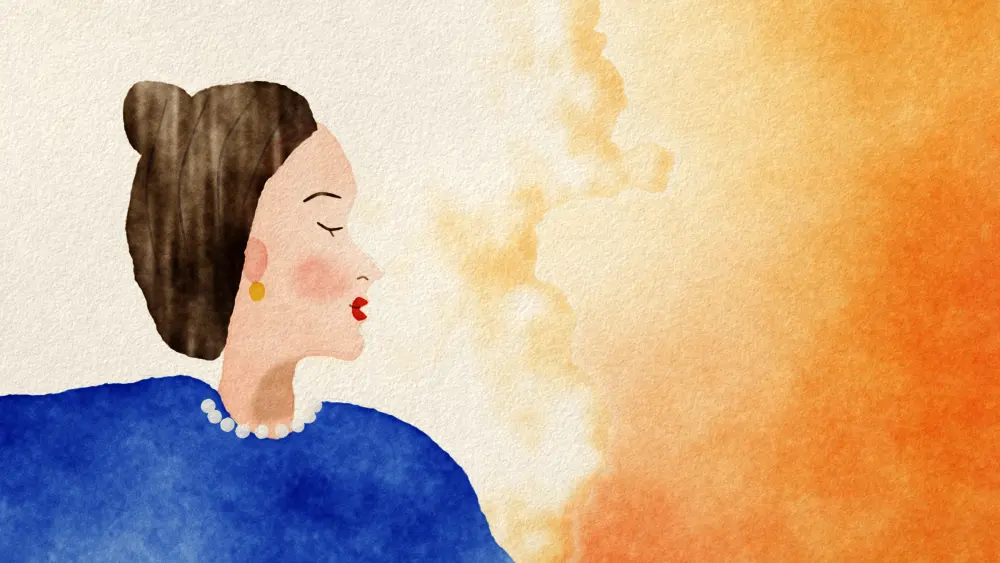 A woman in profile, eyes closed, as warm orange rises toward her.