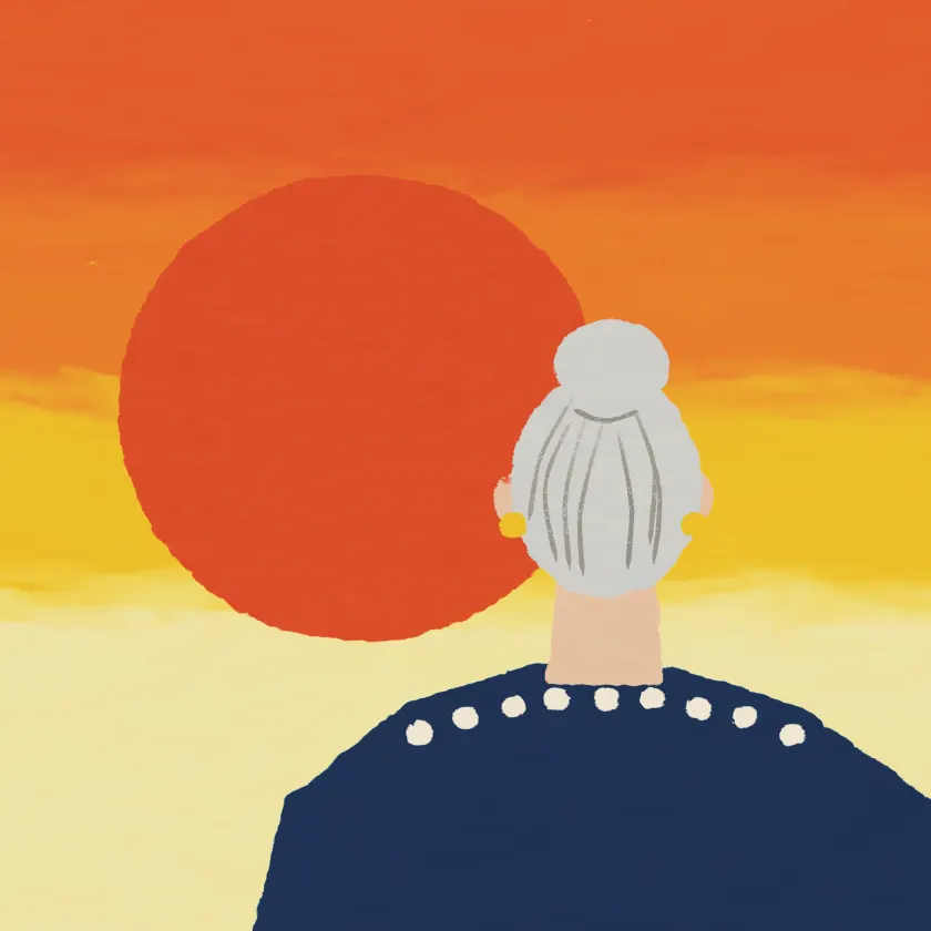 A woman with a silver bun and pearl earring, seen from behind, watching an orange sun.