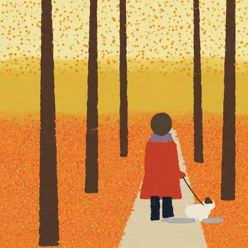 A woman in a red coat walking a small dog down an autumn path between tall trees.