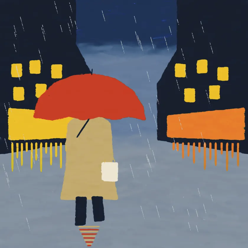 A woman in a trench coat under a red umbrella on a rainy street at dusk.
